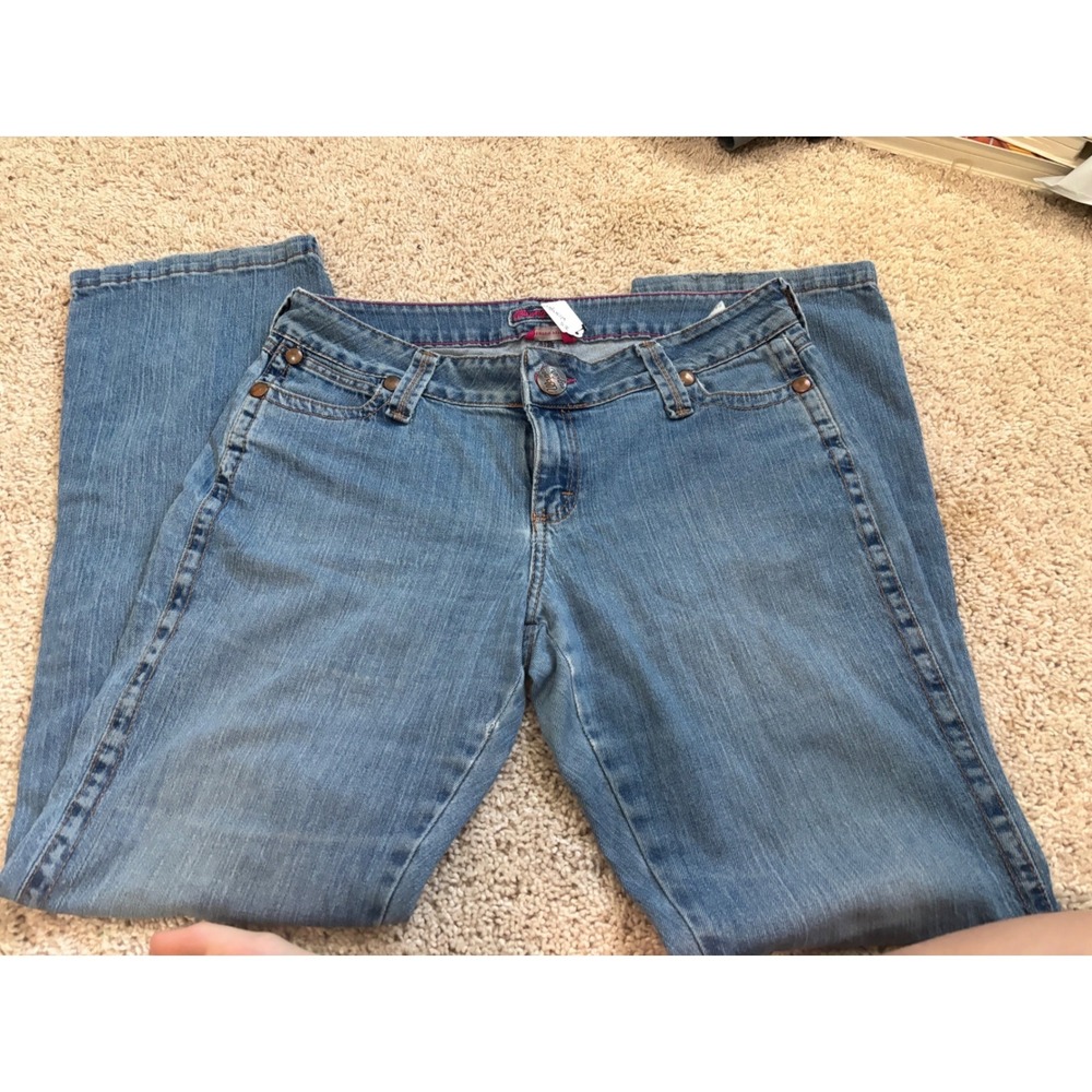 y2k mcbling Wrangler Premium Patch Low Rise Jeans Medium Wash Straight Leg 14x34